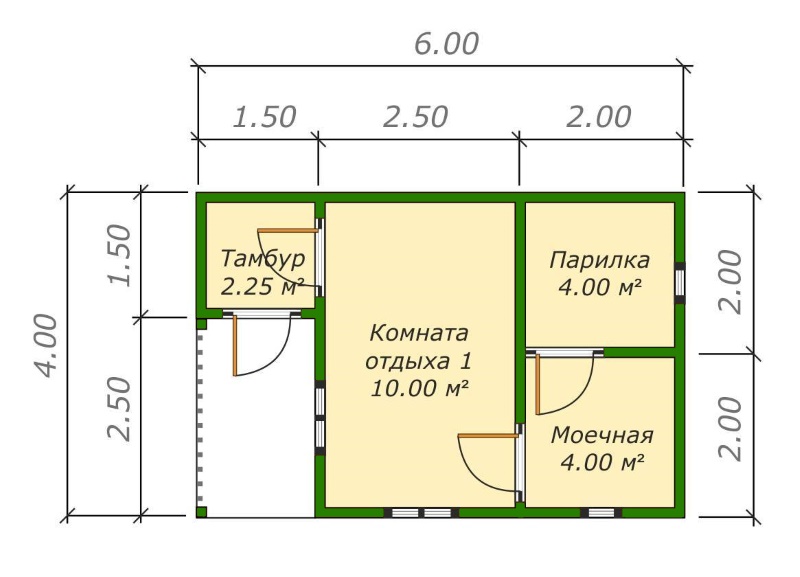 планировка одноэтажной бани 4х6